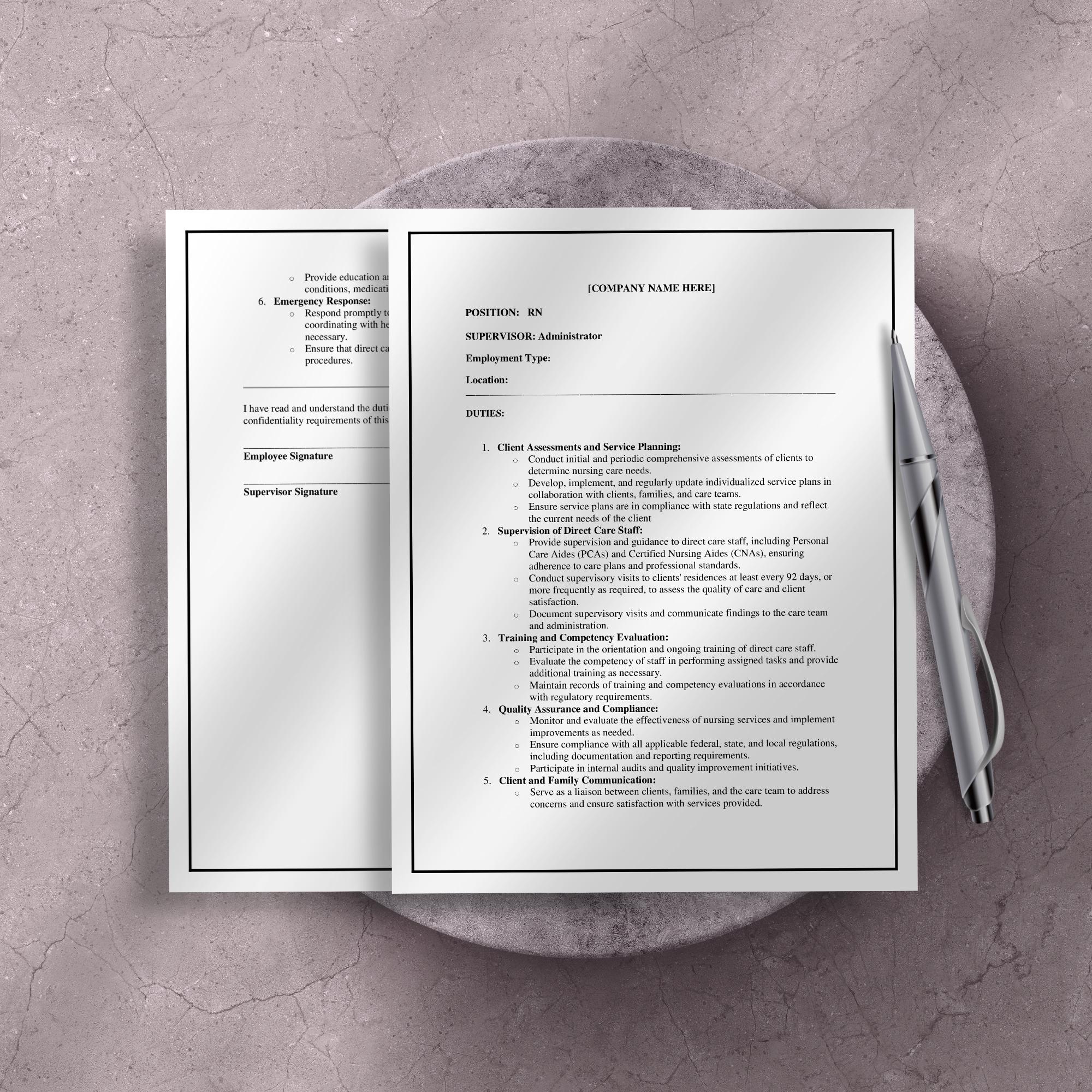 RN Job Description Template, Editable Home Care Staff Role Form, Agency HR Document