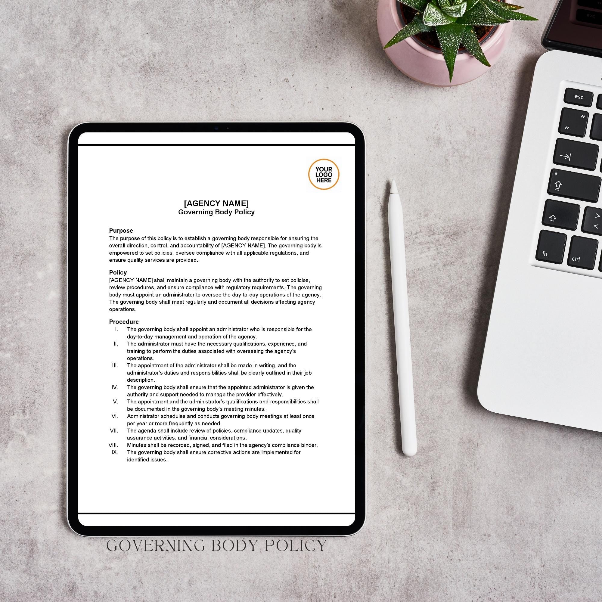 Governing Body Policy, Home Care Agency Governance Template, Editable Compliance Document