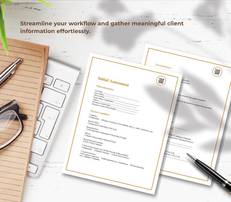Client Initial Assessment Form, Editable Home Care Intake (Digital Download)