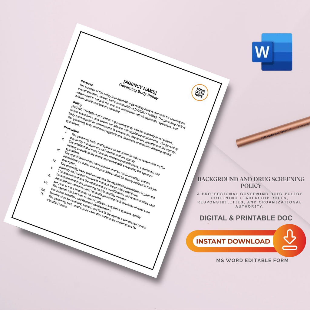 Governing Body Policy, Home Care Agency Governance Template, Editable Compliance Document