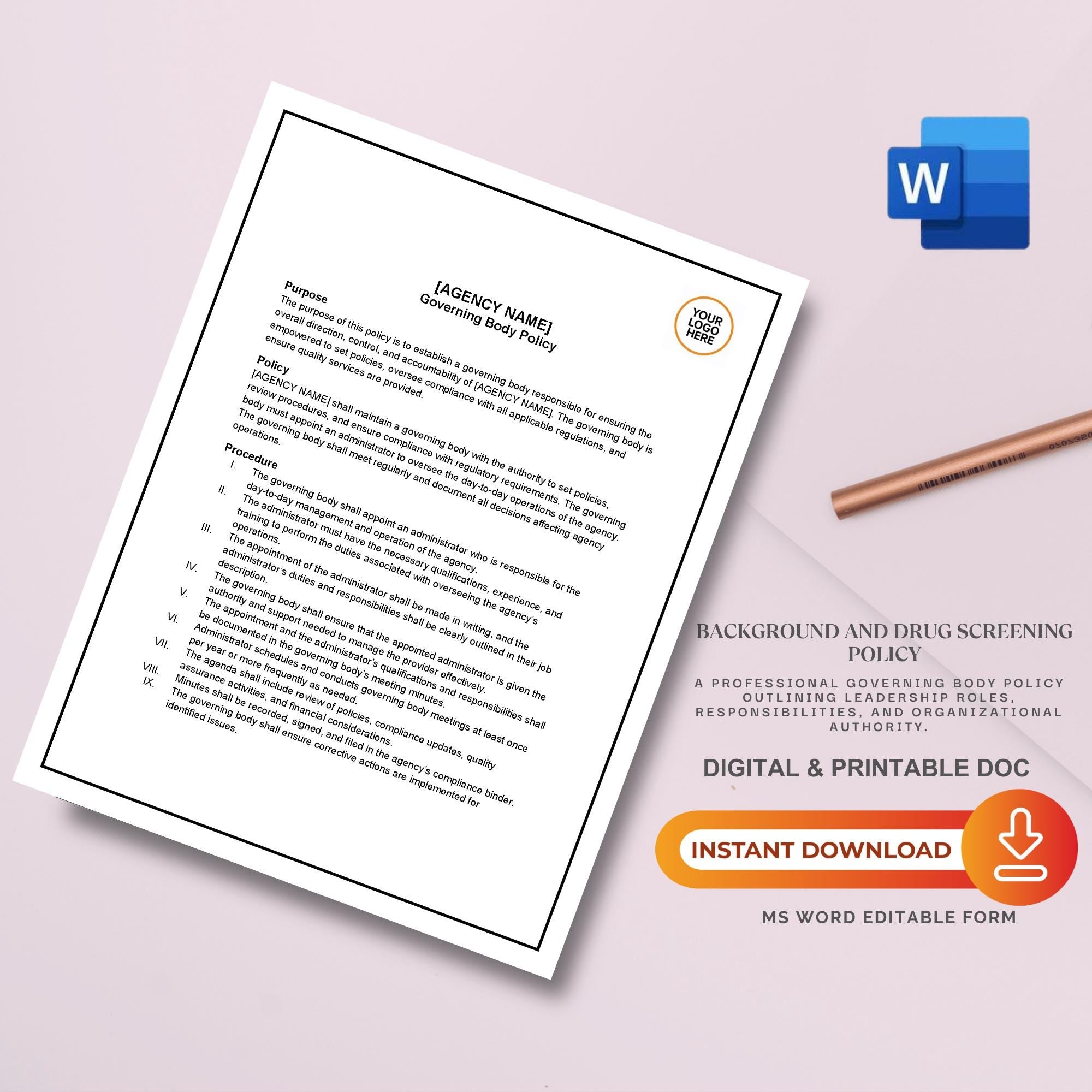 Governing Body Policy, Home Care Agency Governance Template, Editable Compliance Document