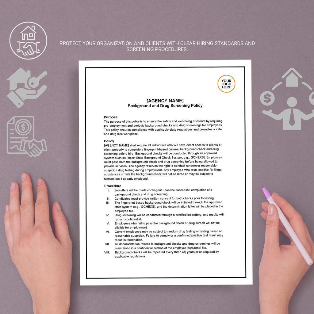 Background & Drug Screening Policy, Home Care HR Template, Editable Compliance Form