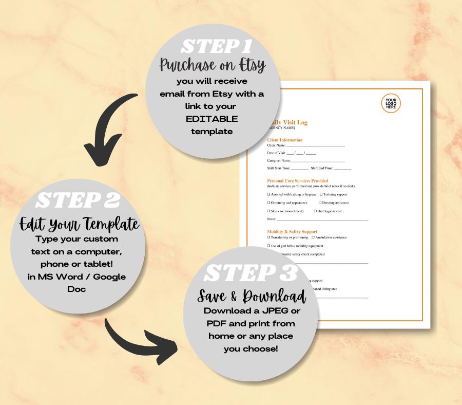 Daily Visit Log Template, Caregiver Record Sheet (PDF) Editable, Home Care Agency Forms
