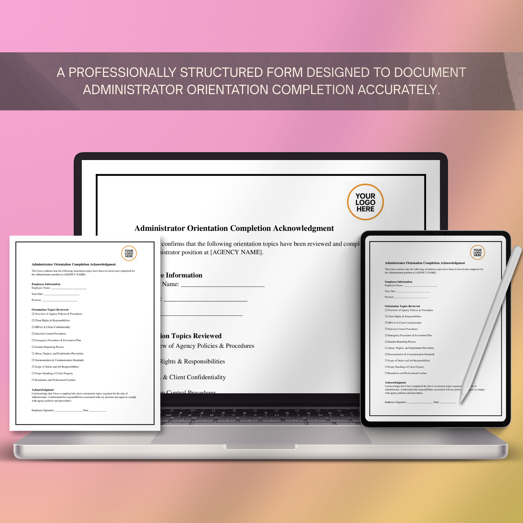 Administrator Orientation Completion Form | Editable Microsoft Word Document