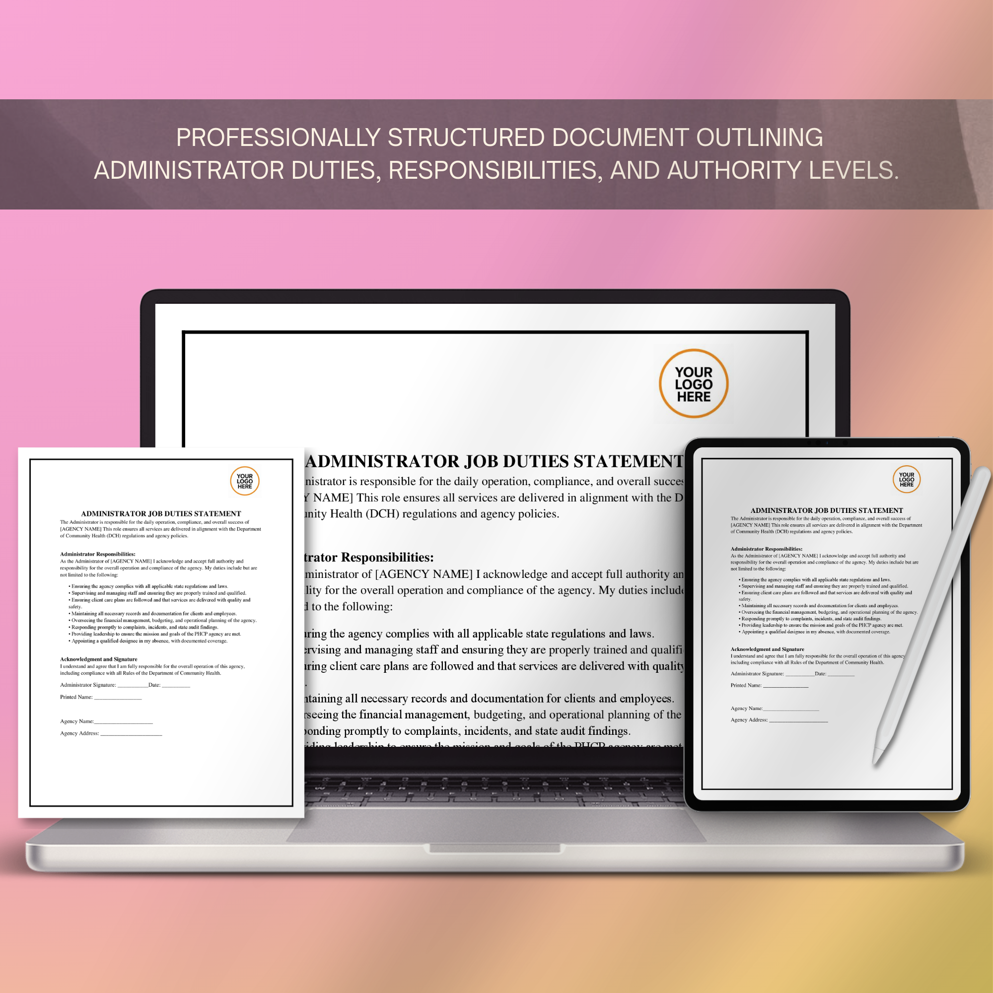 Administrator Job Duties Authority Statement | Editable Microsoft Word Document