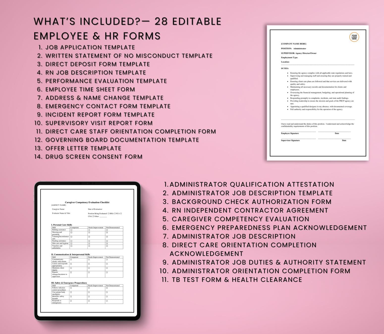 Caregiver Onboarding Forms, Private Home Care Agency Bundle: Editable HR Templates (Word, PDF)