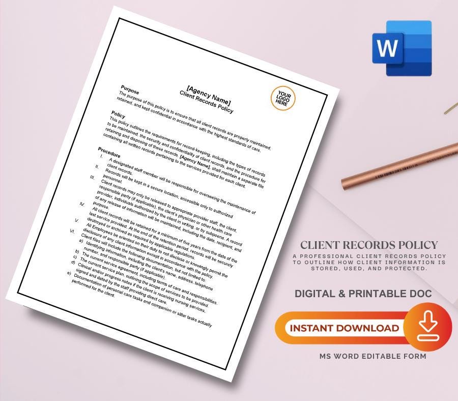 Client Records Policy Template, Editable Word Documentation Policy, Care Agency Recordkeeping Form, Digital Download