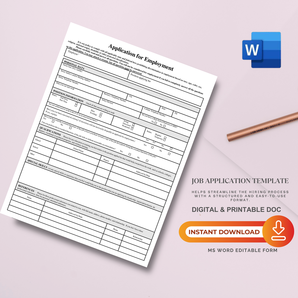 Job Application Template | Editable Microsoft Word Document for Employers