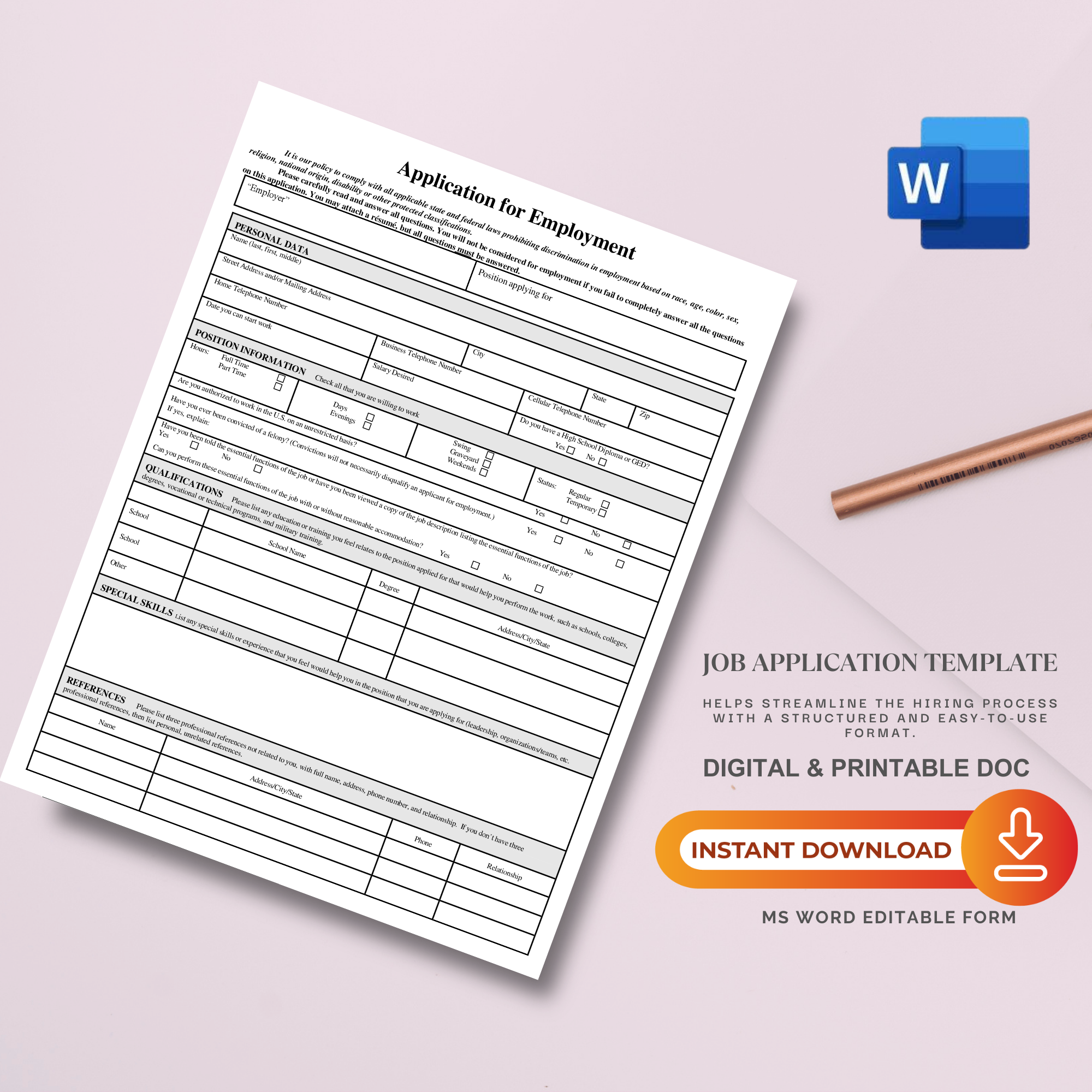 Job Application Template | Editable Microsoft Word Document for Employers