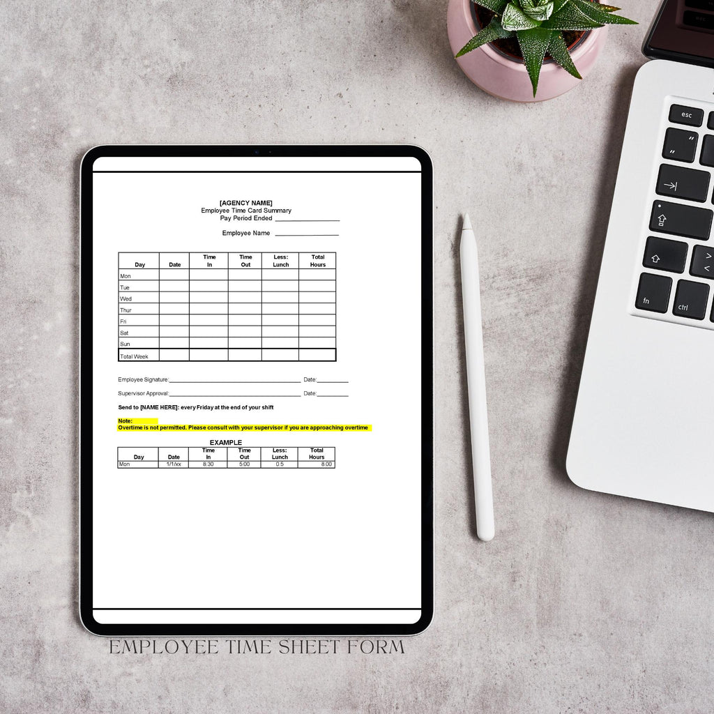 Employee Time Sheet Form, Home Care Staff Hours Template, Editable Work Log