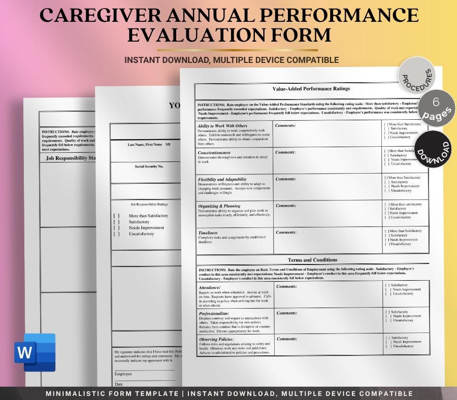 Editable Caregiver Performance Evaluation Form (MS Word)
