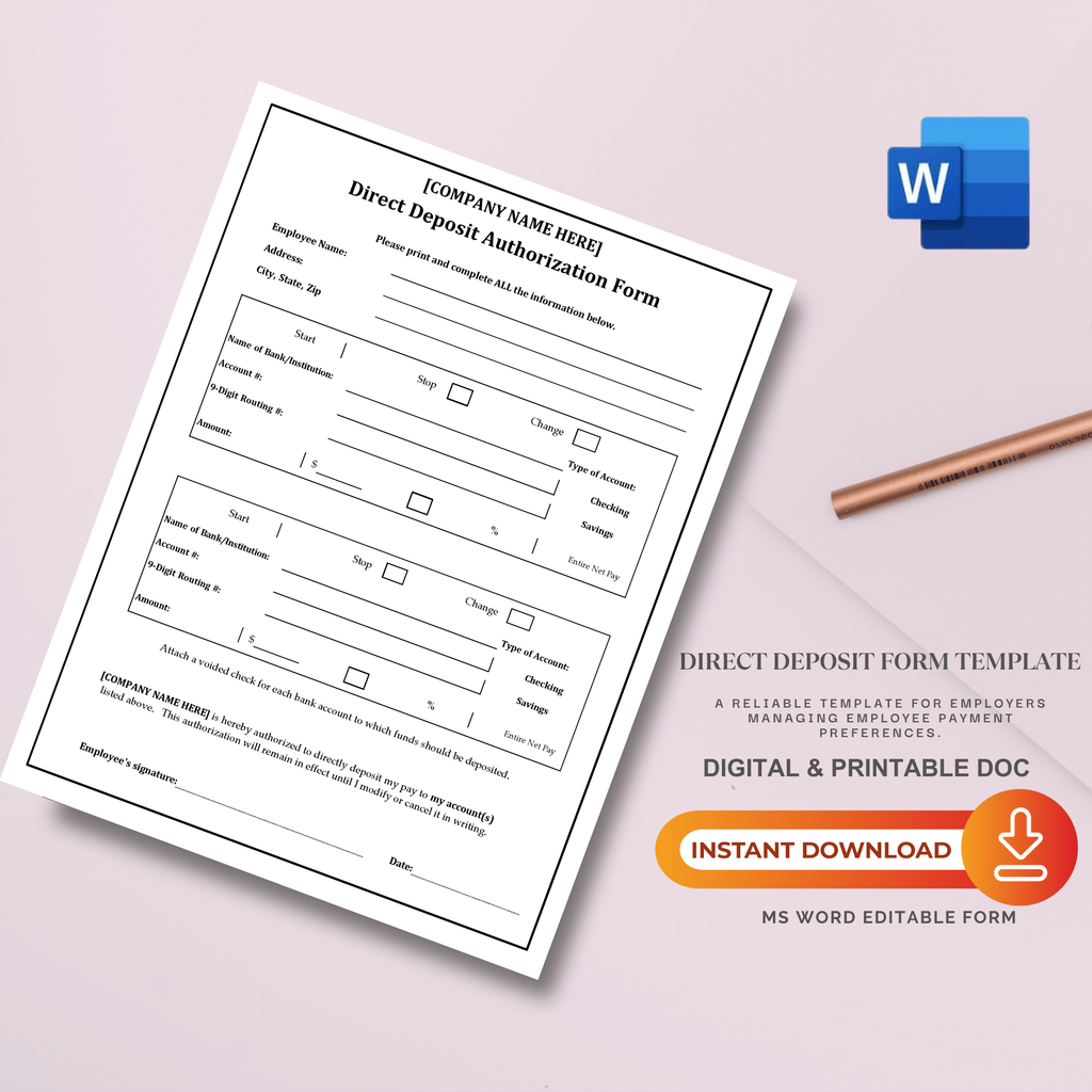 Direct Deposit Form Template | Editable Microsoft Word Document for Payroll