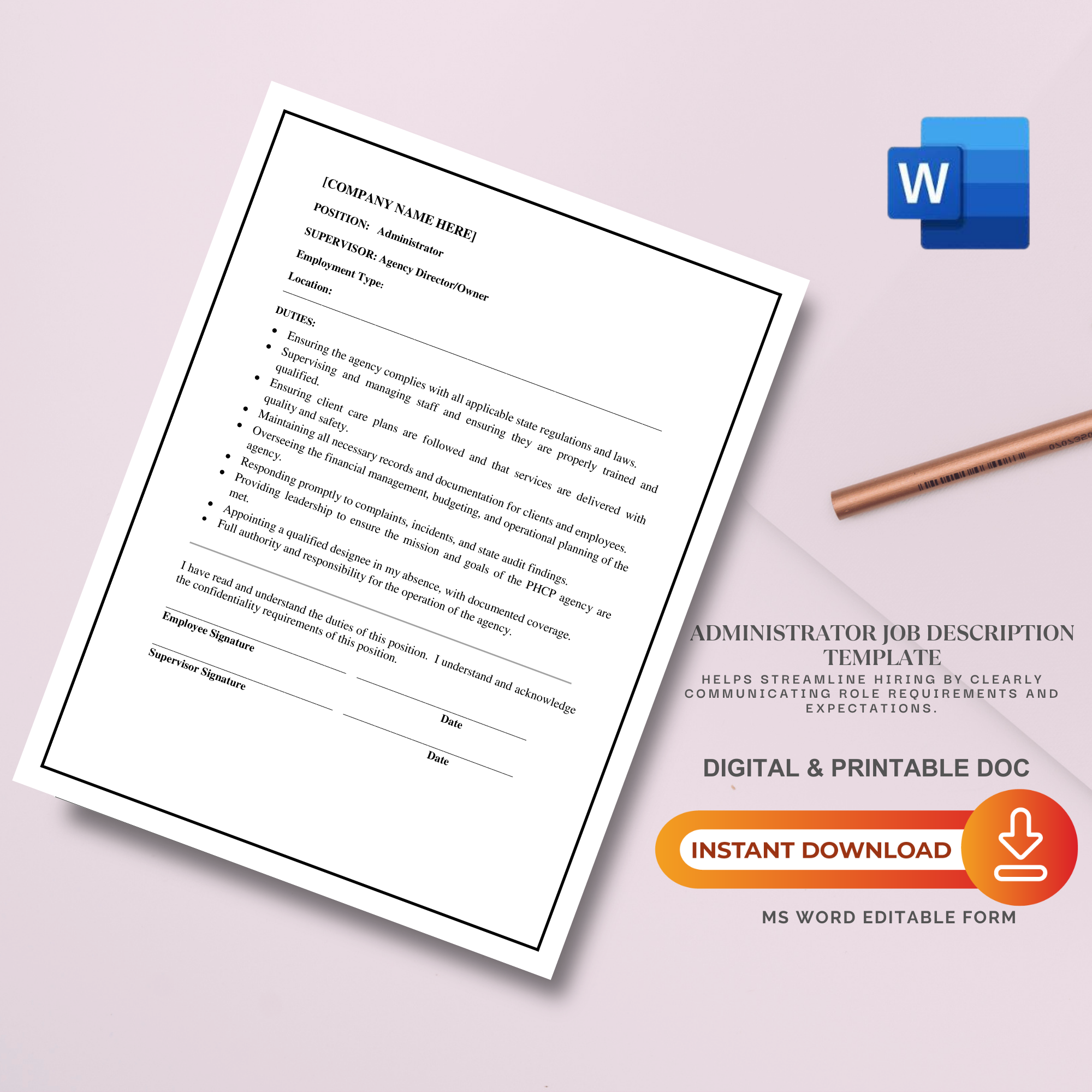 Administrator Job Description Template | Editable Microsoft Word Document