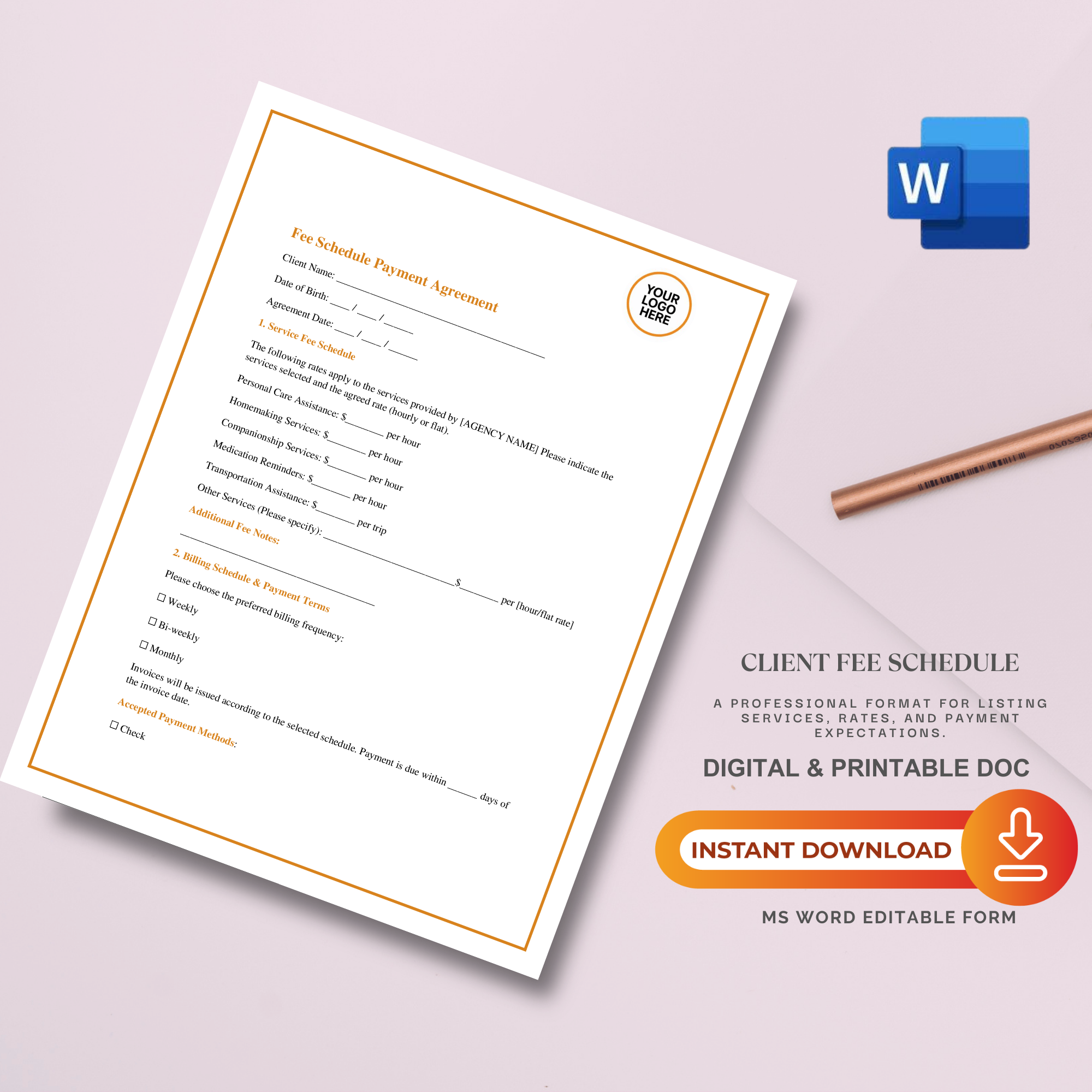 Client Fee Schedule Template | Editable Word Document for Professionals