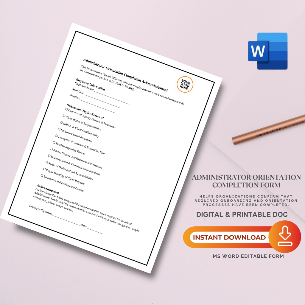 Administrator Orientation Completion Form | Editable Microsoft Word Document