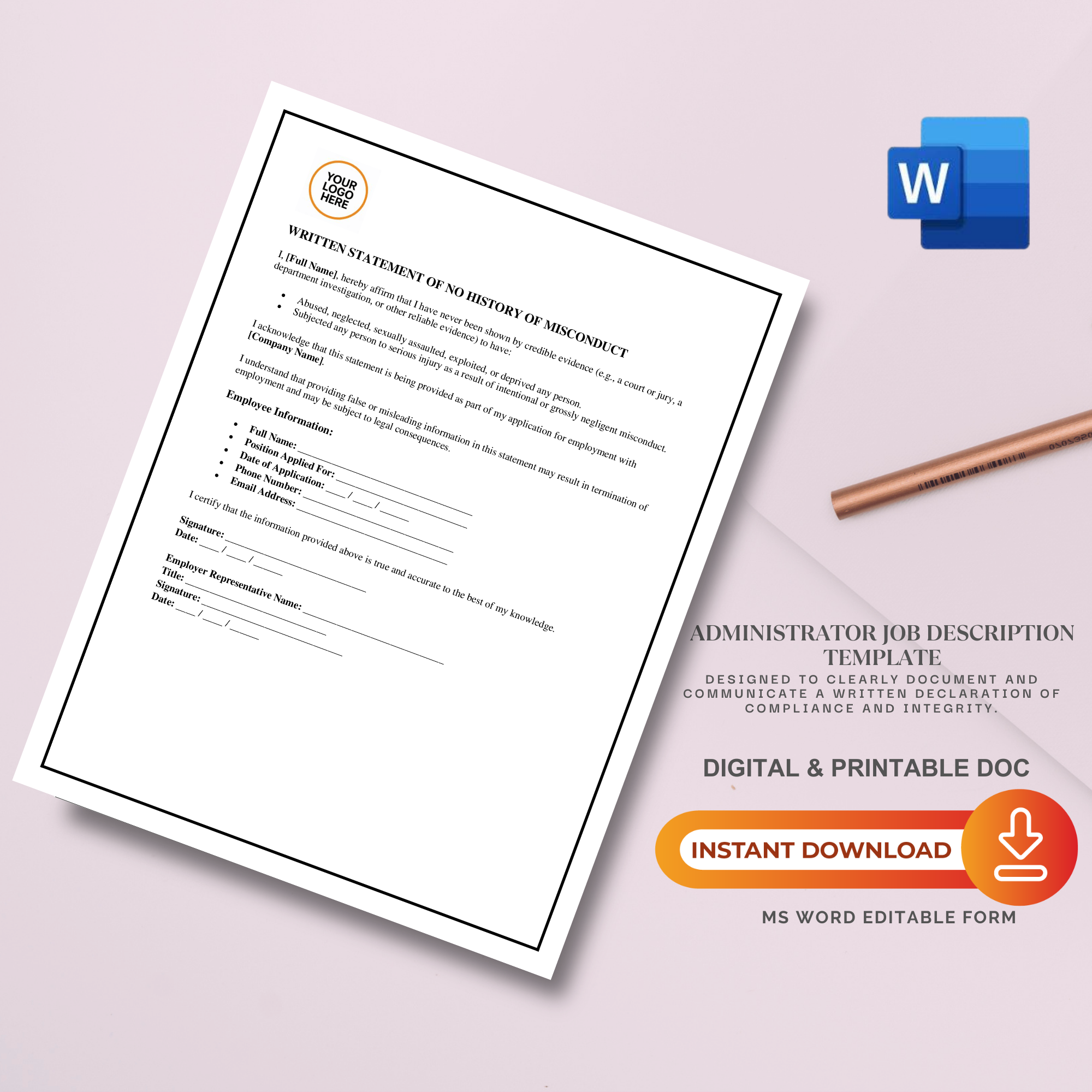 Written Statement of No Misconduct | Editable Microsoft Word Document