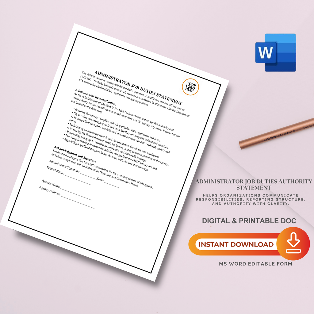 Administrator Job Duties Authority Statement | Editable Microsoft Word Document