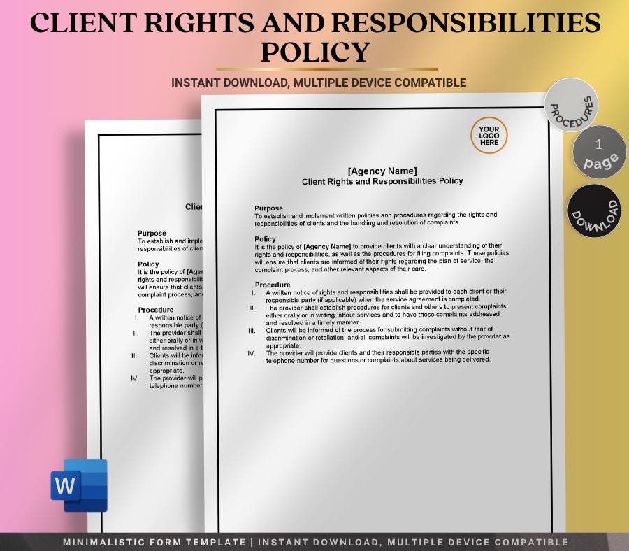 Client Rights Policy & Procedures Template, Editable Business Form, Printable Client Agreement, Digital Download