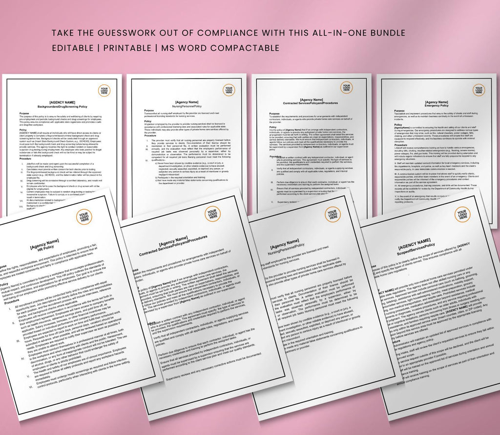 Policies and Procedures, Editable  Non-Medical Home Health Agency Templates PDF DOCX