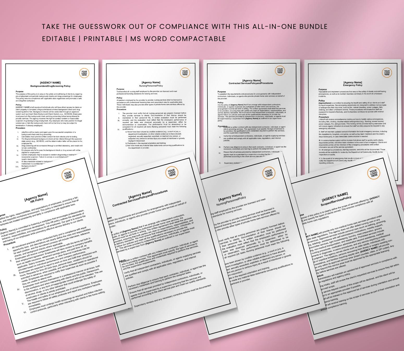 Policies and Procedures, Editable  Non-Medical Home Health Agency Templates PDF DOCX