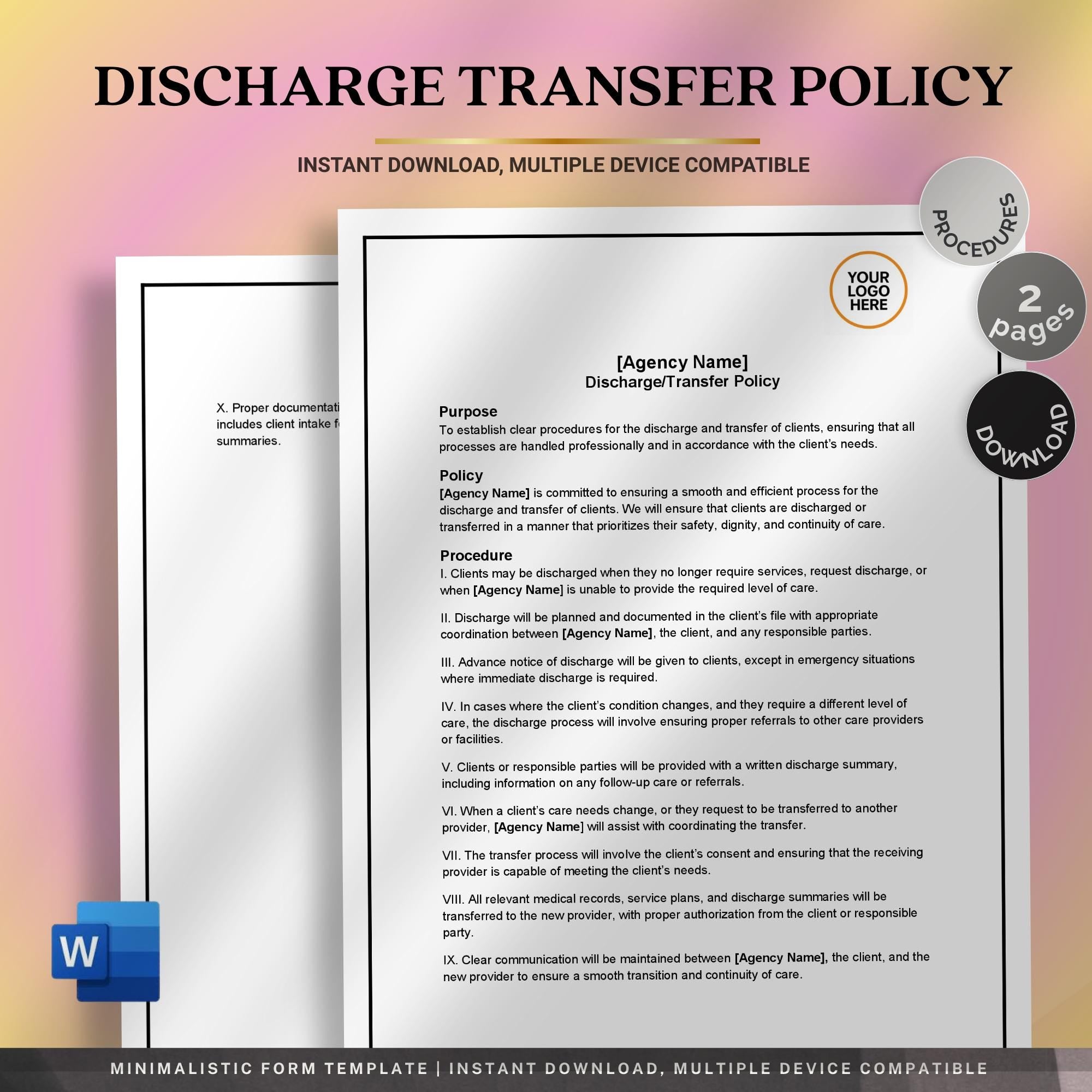 Discharge Transfer Policy, Home Care Discharge Template, Editable Agency Compliance Form