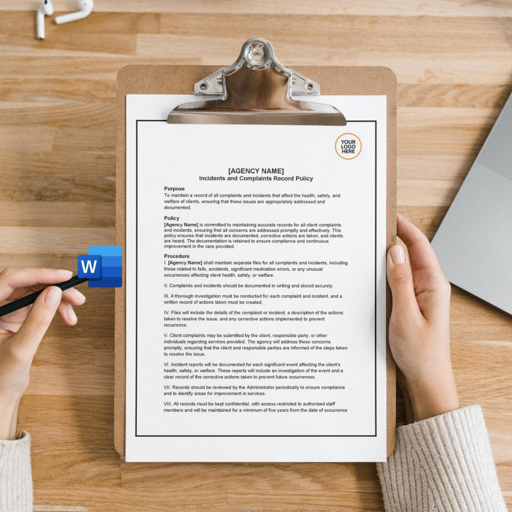 Incidents & Complaints Policy, Home Care Record Template, Editable Agency Document
