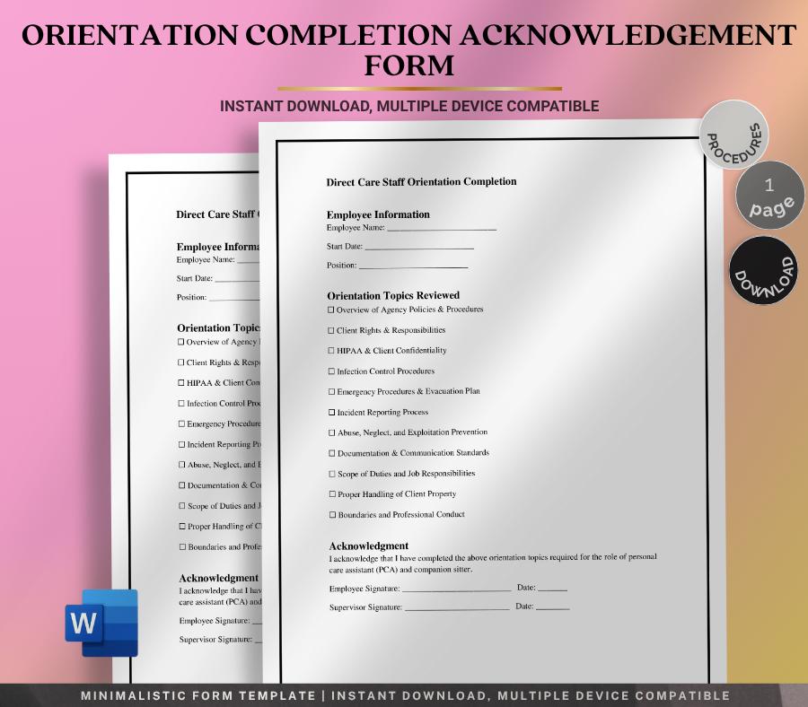 Caregiver Orientation Completion Acknowledgement Form, Editable Word Staff Training Template, Employee Onboarding Confirmation Form