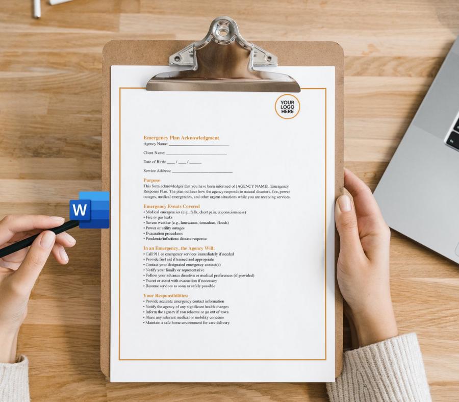 Emergency Plan Acknowledgement Form, Editable Word Safety Policy Template, Staff & Client Emergency Procedure Confirmation