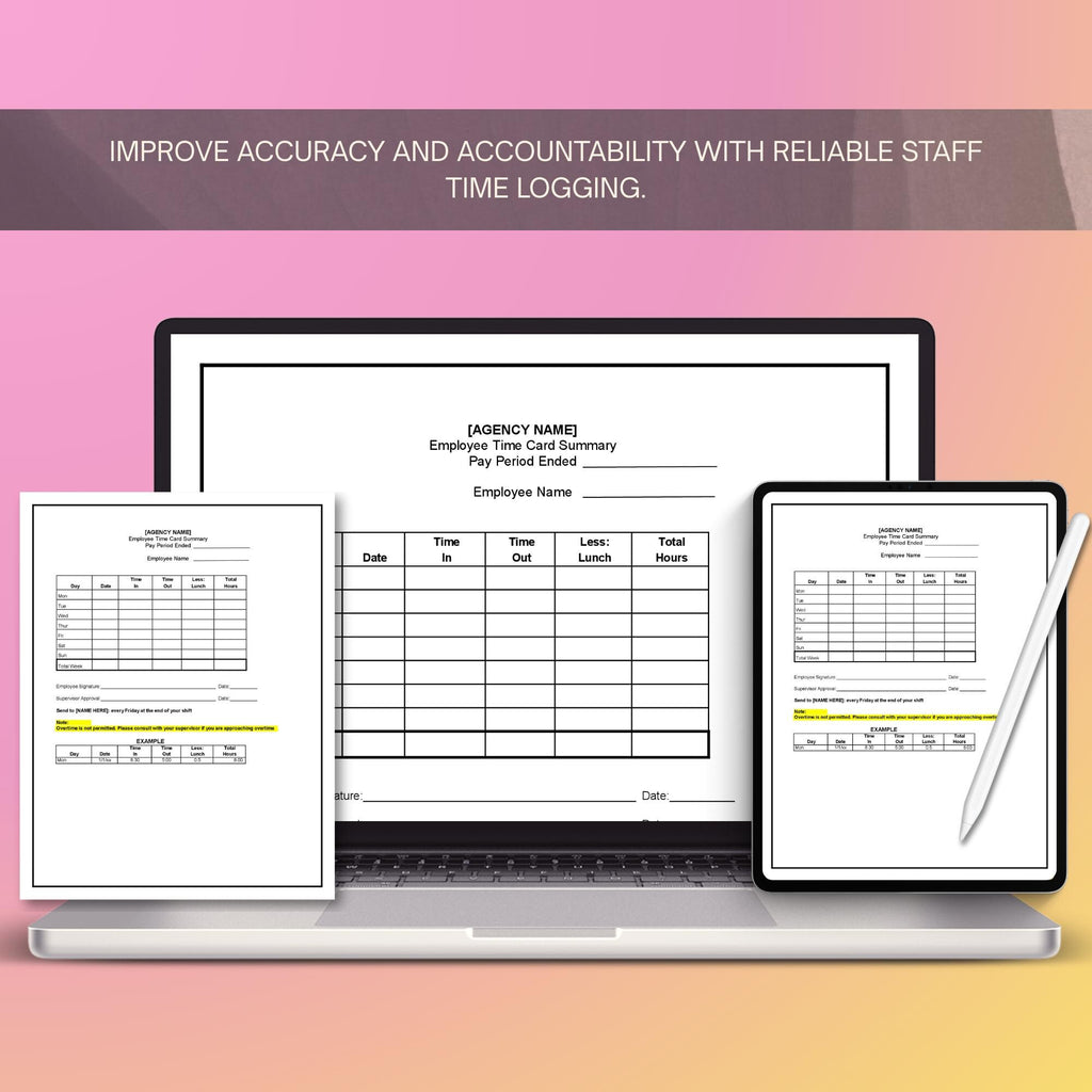 Employee Time Sheet Form, Home Care Staff Hours Template, Editable Work Log