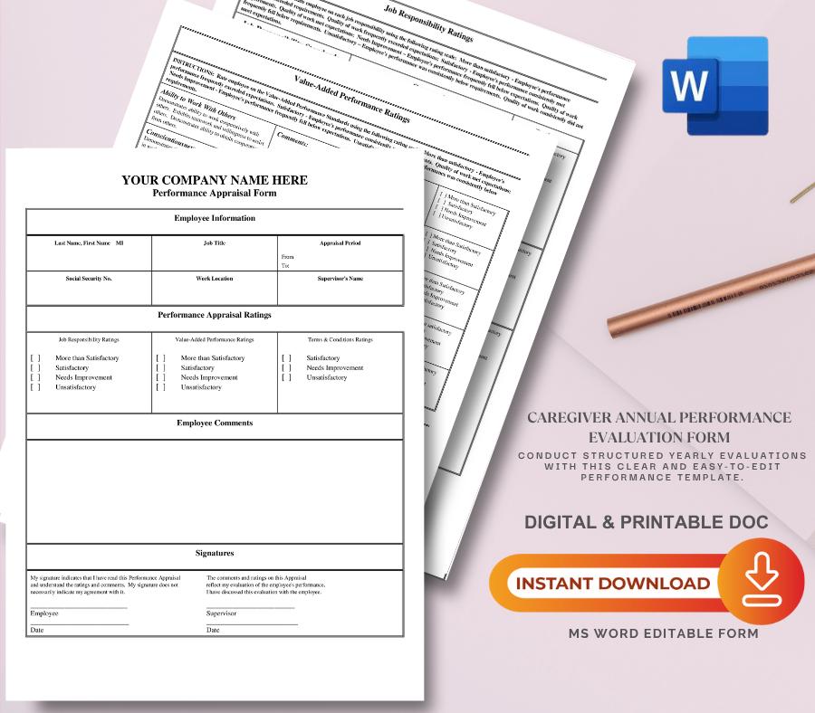 Editable Caregiver Performance Evaluation Form (MS Word)