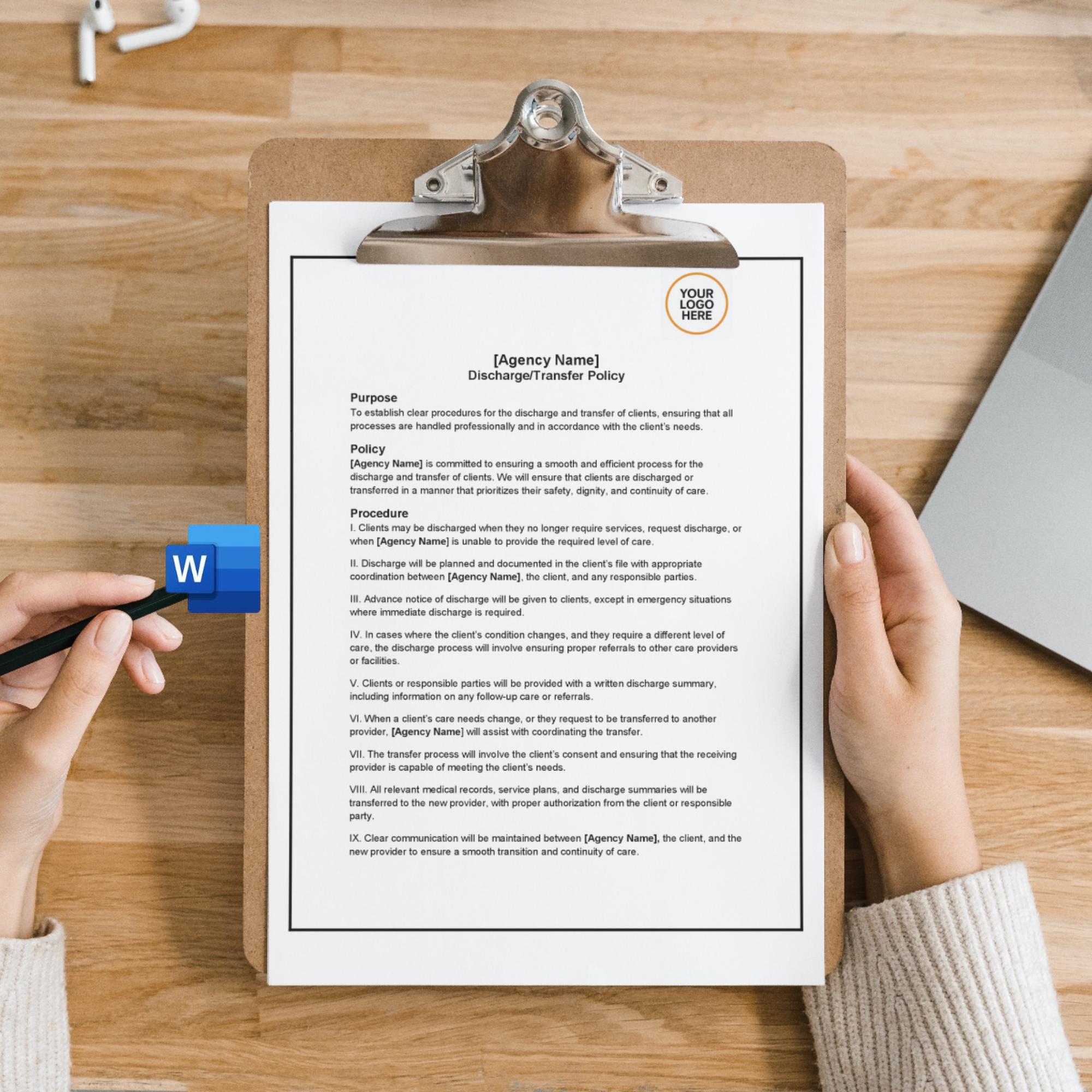 Discharge Transfer Policy, Home Care Discharge Template, Editable Agency Compliance Form