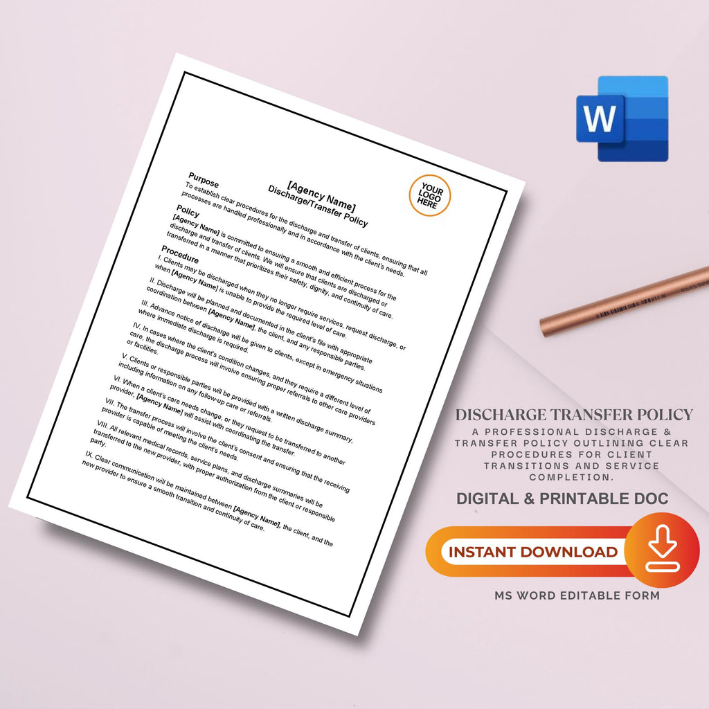 Discharge Transfer Policy, Home Care Discharge Template, Editable Agency Compliance Form