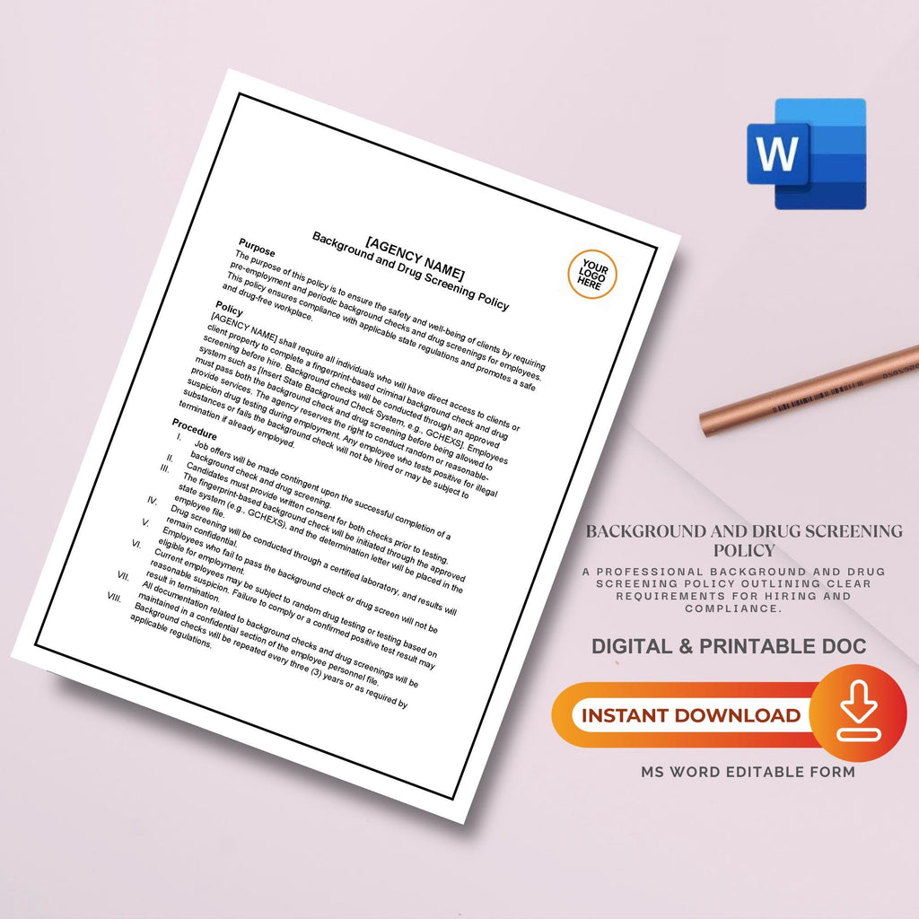 Background & Drug Screening Policy, Home Care HR Template, Editable Compliance Form