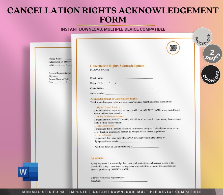Cancellation Rights Acknowledgement Form, Editable Word Client Cancellation Notice, Service Agreement Termination Template