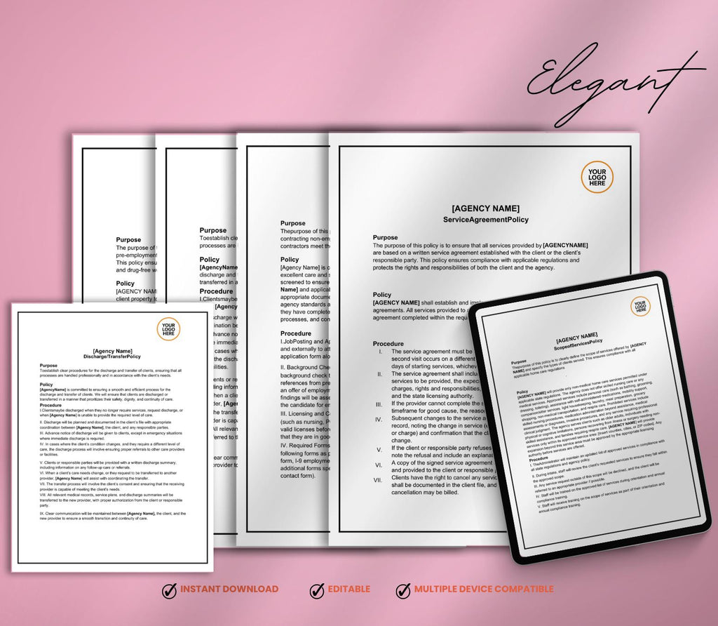 Policies and Procedures, Editable  Non-Medical Home Health Agency Templates PDF DOCX