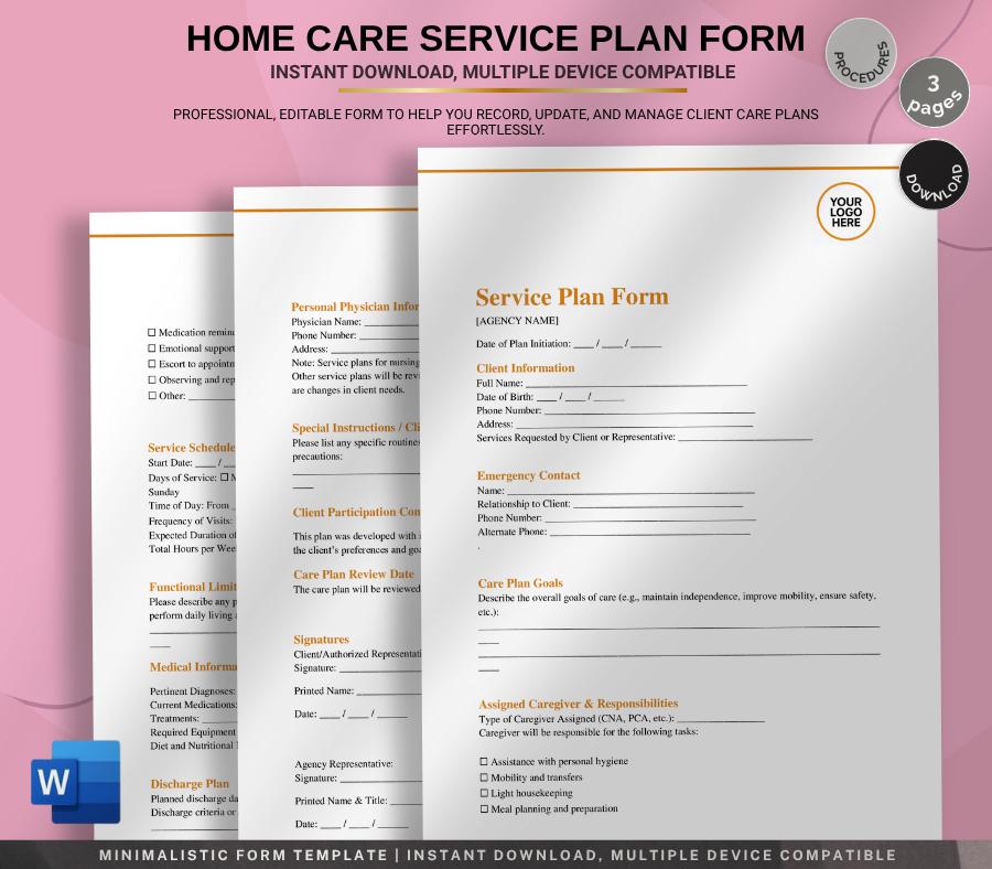 Service Plan Form Editable  Non-Medical Home Care Client Care Template (Word + PDF)