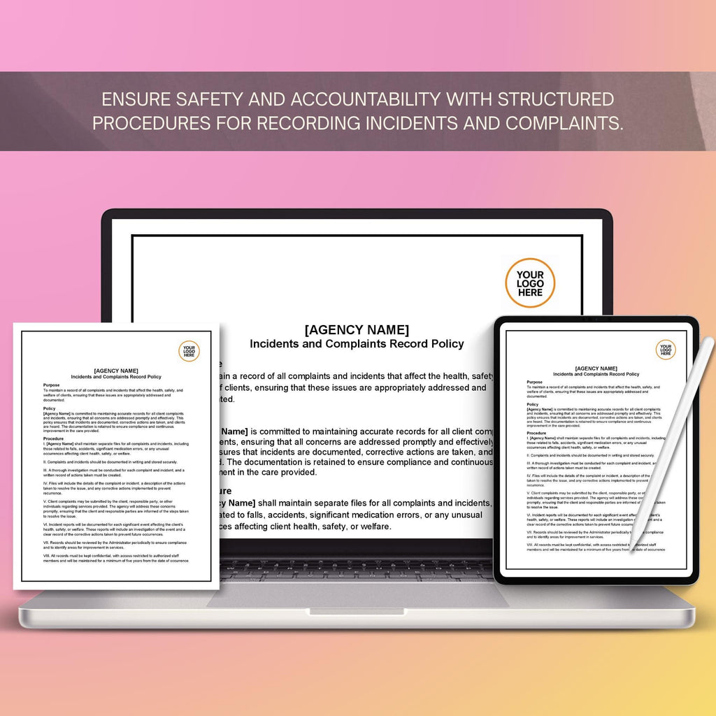 Incidents & Complaints Policy, Home Care Record Template, Editable Agency Document