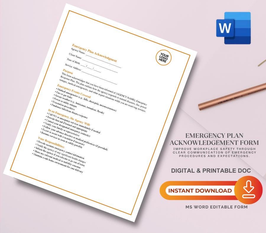 Emergency Plan Acknowledgement Form, Editable Word Safety Policy Template, Staff & Client Emergency Procedure Confirmation