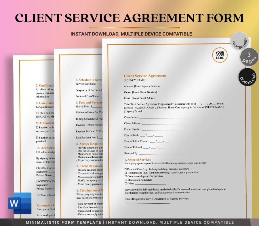 Client Service Agreement Form, Editable Word Contract Template, Business Service Terms & Conditions, Digital Download