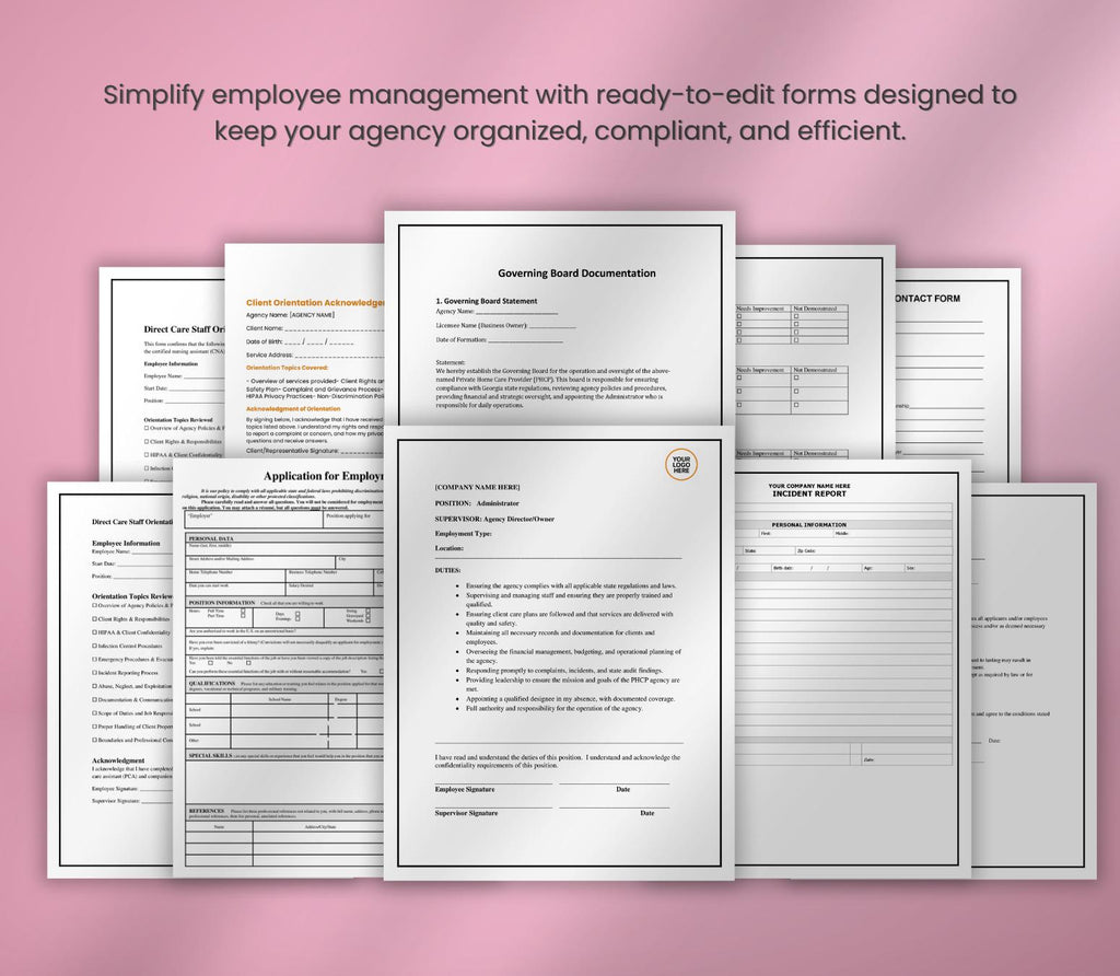 Caregiver Onboarding Forms, Private Home Care Agency Bundle: Editable HR Templates (Word, PDF)