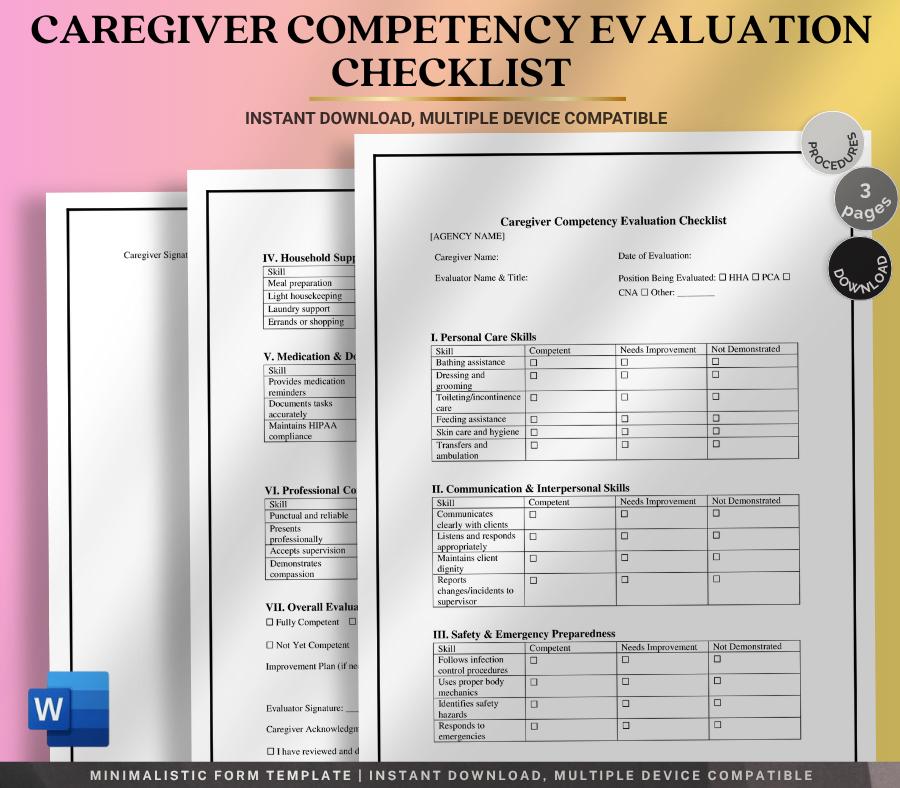 Caregiver Competency Evaluation Form Editable , Home Care Business Template (Digital Download)