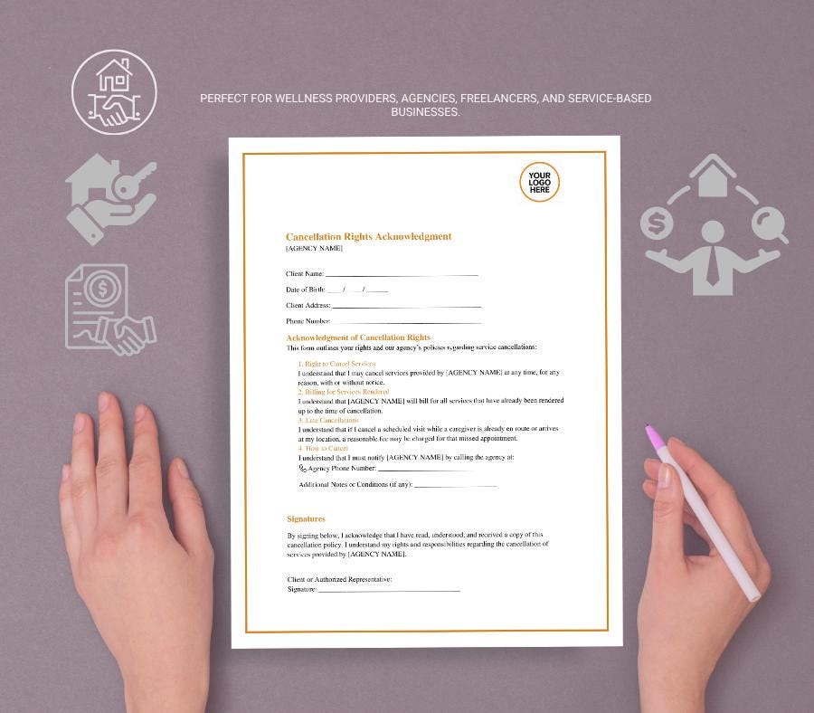 Cancellation Rights Acknowledgement Form, Editable Word Client Cancellation Notice, Service Agreement Termination Template
