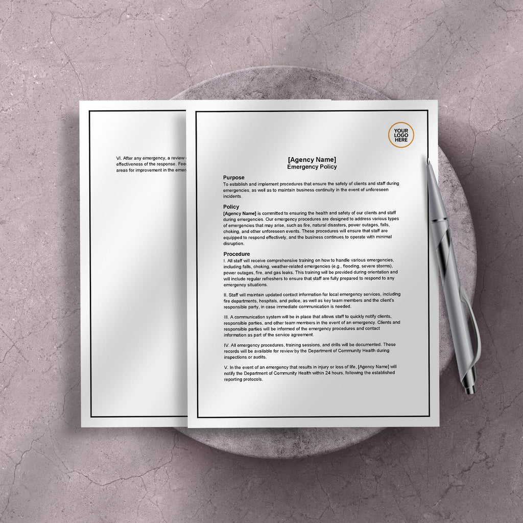 Emergency Policy, Home Care Emergency Procedures Template, Editable Agency Safety Document