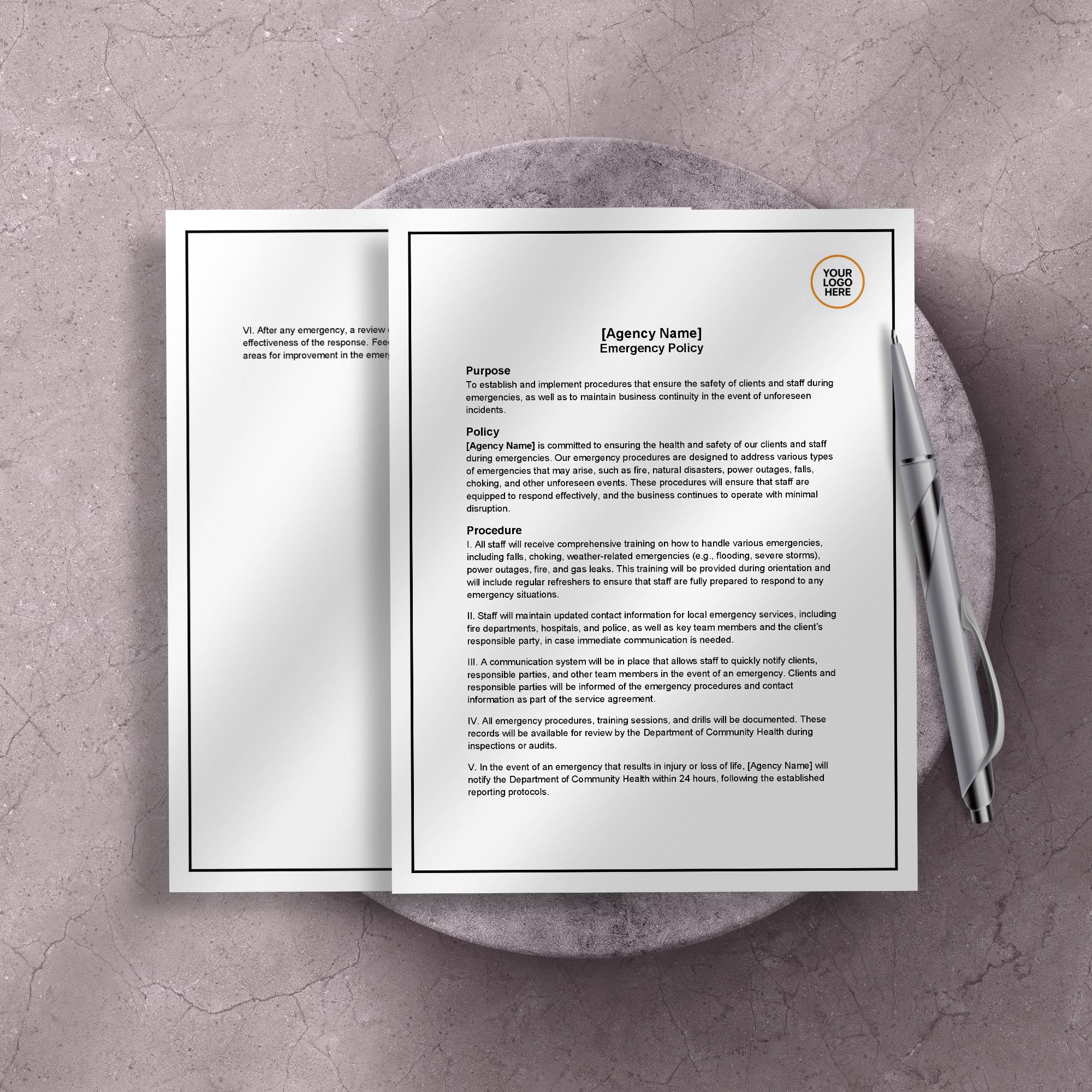 Emergency Policy, Home Care Emergency Procedures Template, Editable Agency Safety Document