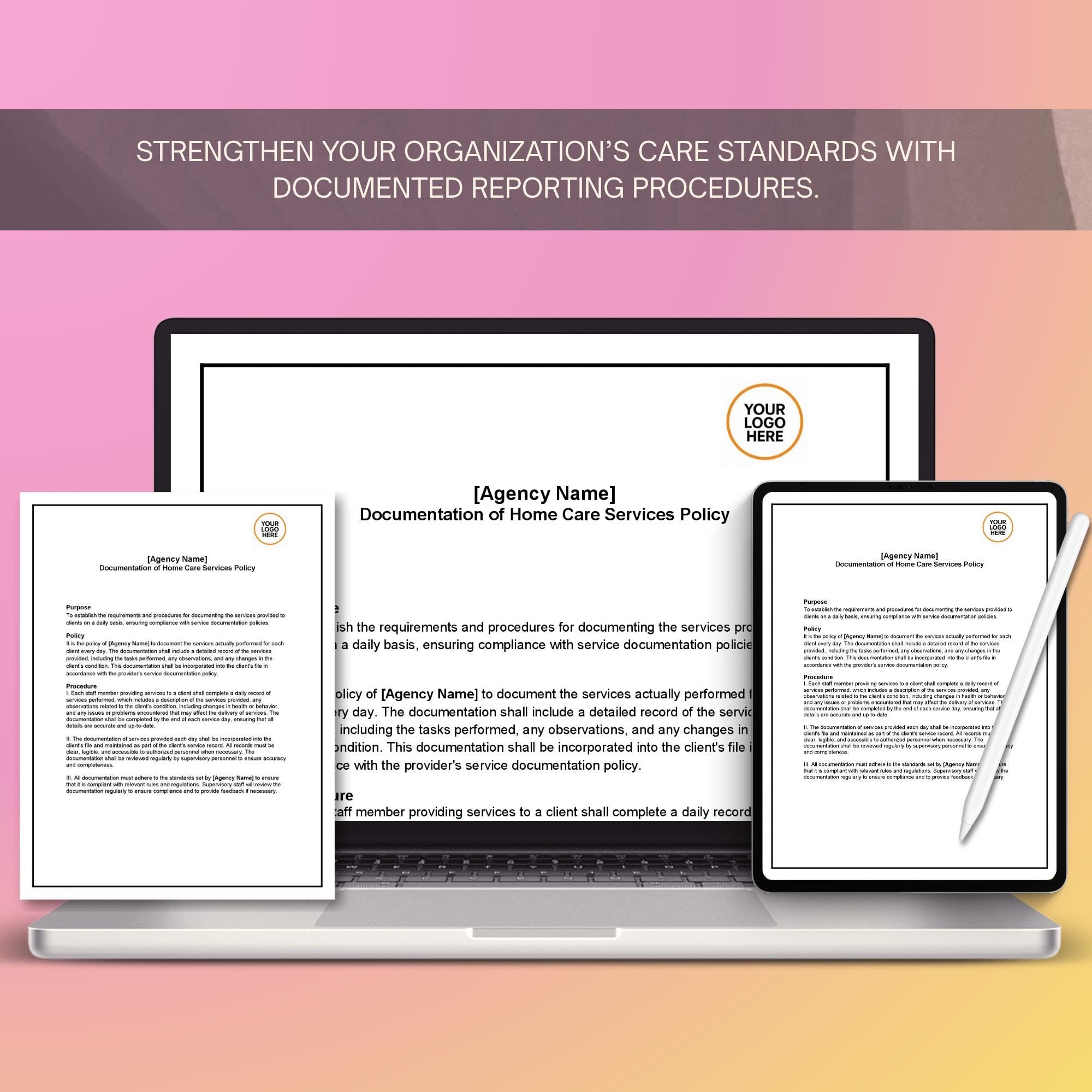 Home Care Documentation Policy, Service Records Template, Editable Agency Compliance Form