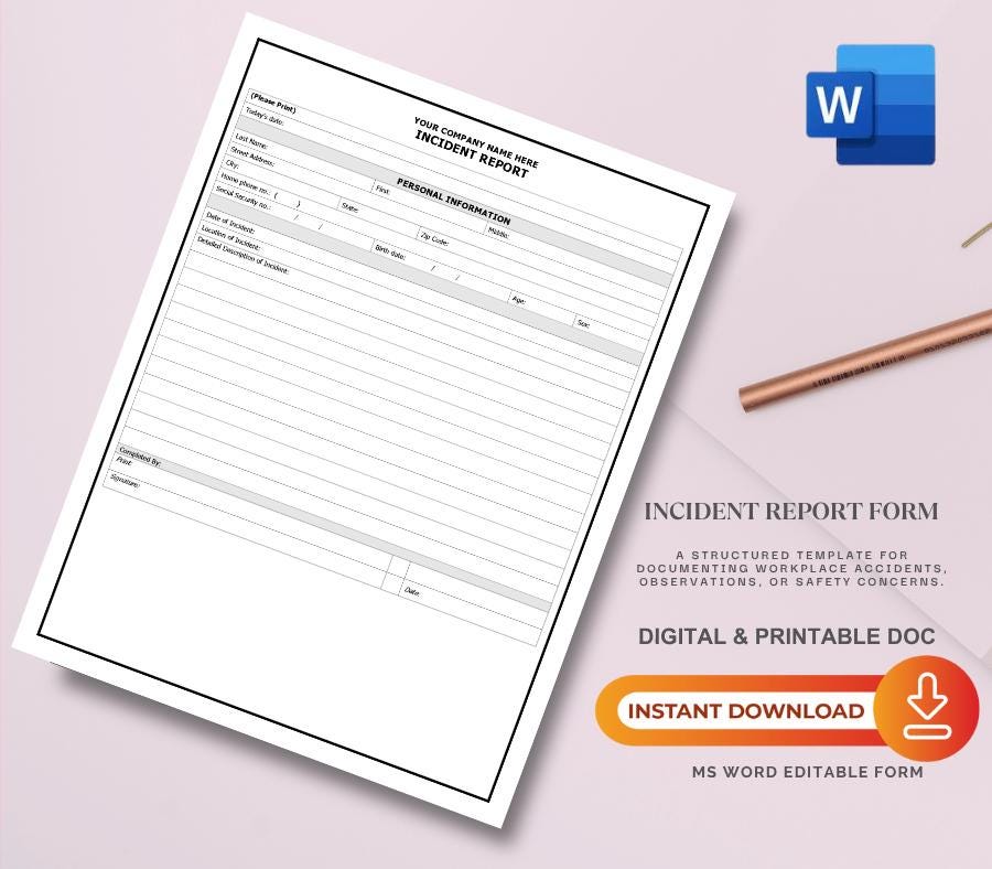 Incident Report Form Template, Editable Workplace Safety (Digital Download) Home Care Agency Forms