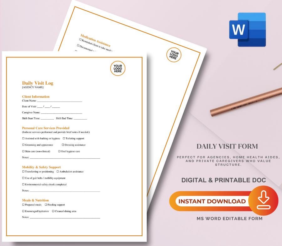 Daily Visit Log Template, Caregiver Record Sheet (PDF) Editable, Home Care Agency Forms