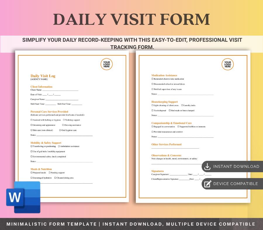 Daily Visit Log Template, Caregiver Record Sheet (PDF) Editable, Home Care Agency Forms