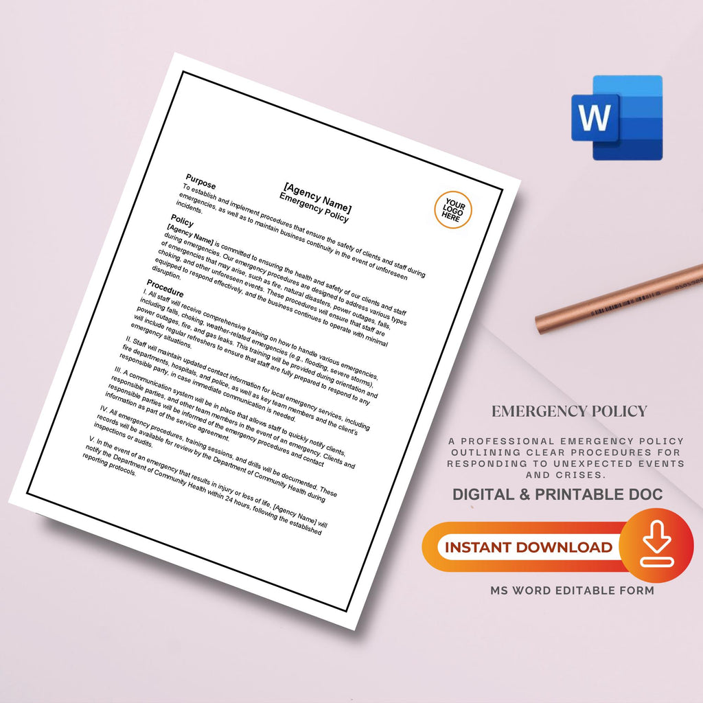 Emergency Policy, Home Care Emergency Procedures Template, Editable Agency Safety Document