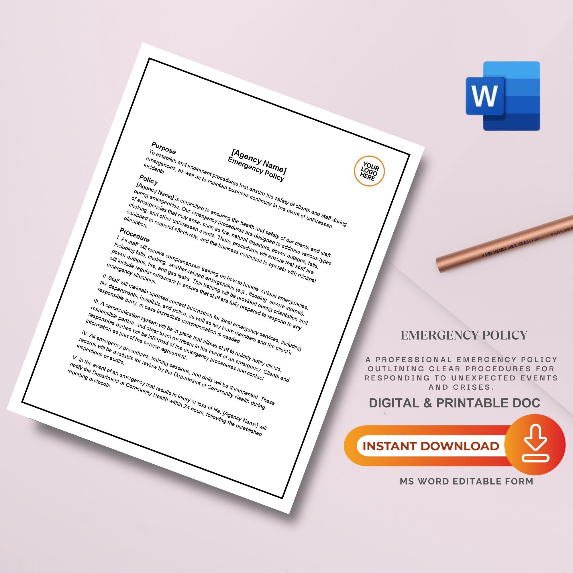 Emergency Policy, Home Care Emergency Procedures Template, Editable Agency Safety Document